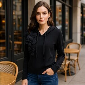 Siami Milano Women’s Black Knit Hoodie Sweater M Floral 3D Applique Pullover